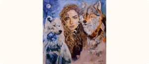 A painting of a woman with long curly hair standing between two wolves. One wolf is white and the other is brown. A row of moons is painted next to her head, and there's a full moon in the sky.