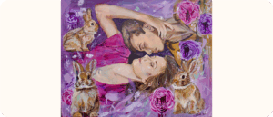 A painting of two people lying close together, surrounded by bunnies and purple roses.