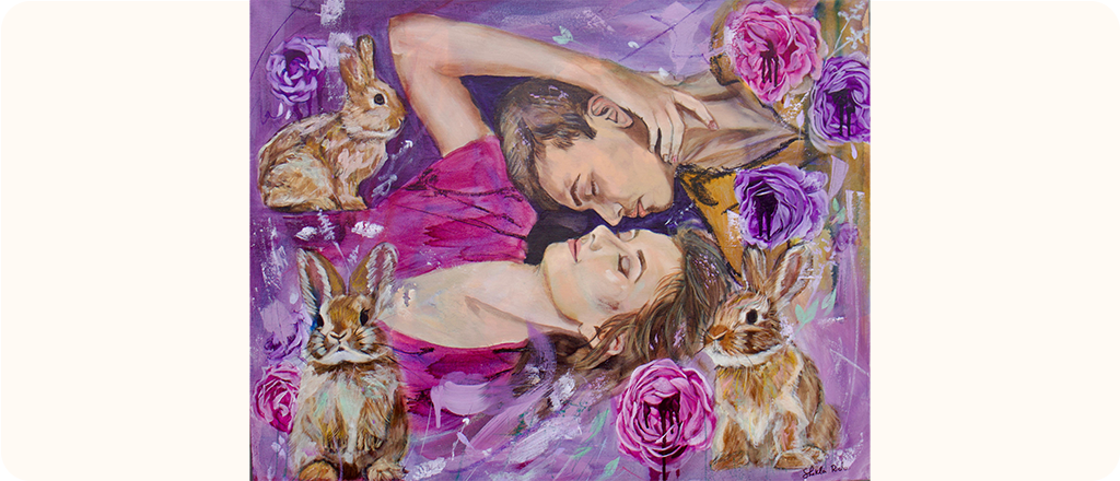 A painting of two people lying close together, surrounded by bunnies and purple roses.