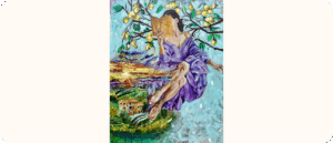 A painting of a woman in a flowing purple dress sitting on a tree branch, reading a book. Lemon branches surround her, and a colourful landscape with houses and fields appears below.