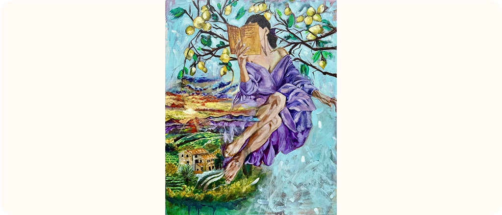 A painting of a woman in a flowing purple dress sitting on a tree branch, reading a book. Lemon branches surround her, and a colourful landscape with houses and fields appears below.