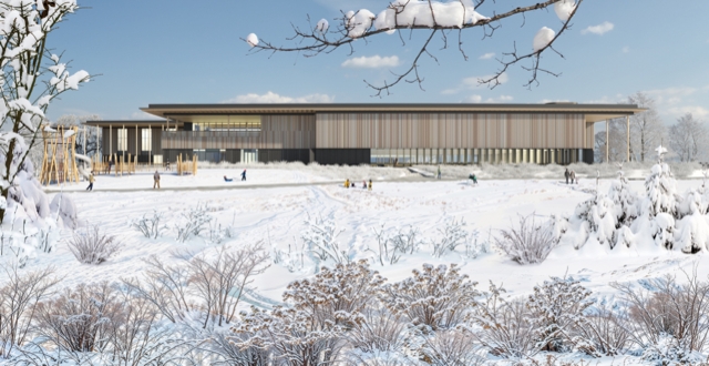 Architectural rendering of a building in a snowy surrounding to depict one of the spaces for Kelowna's "Building a Stronger Kelowna Public Art" call