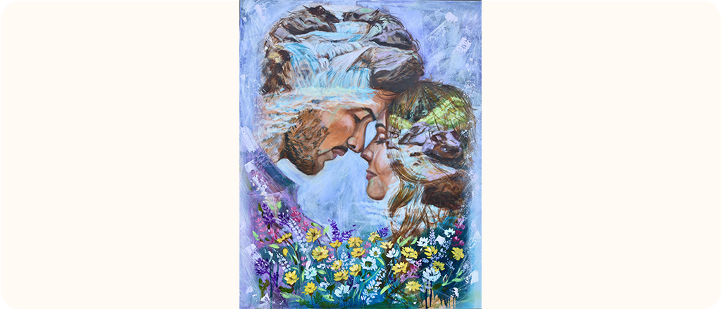 A painting of a man and woman facing each other with their foreheads touching, blending into a background of waterfalls and trees. Colourful wildflowers appear at the bottom of the image.