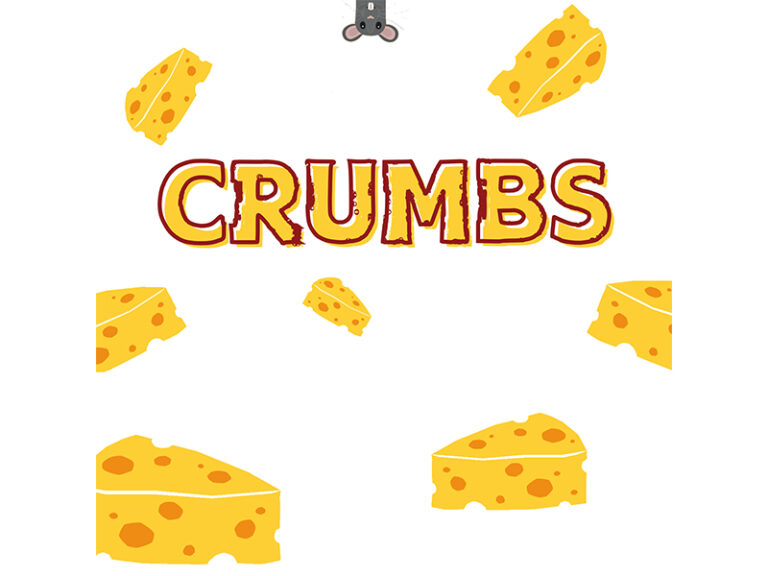 "Crumbs" logo with cheese graphics spread around and a small rat peering out.