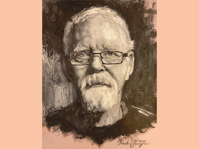 Jacob Smigle Art portrait artwork in greyscale medium on a tan colour background signed by the artist