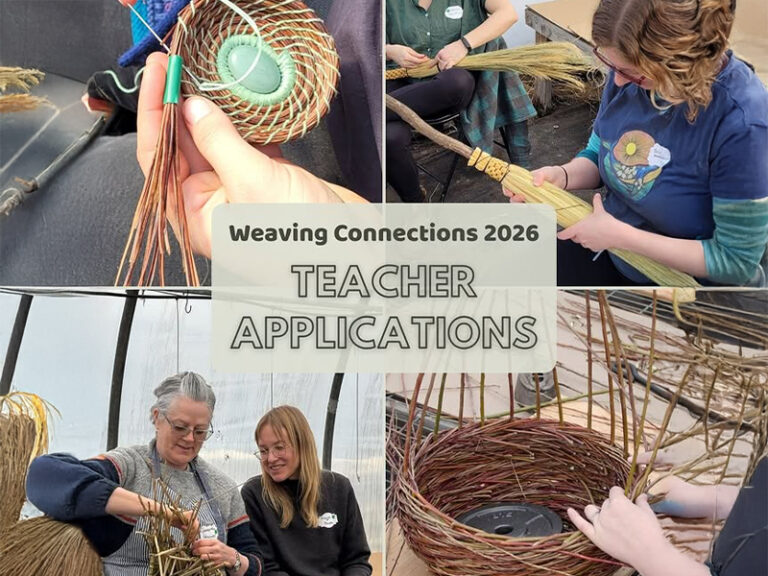 Weaving Connections 2026 a montage of photos of different aspects of weaving with a few different people at the craft. There is copy: Weaving Connections 2026 Teacher Applications
