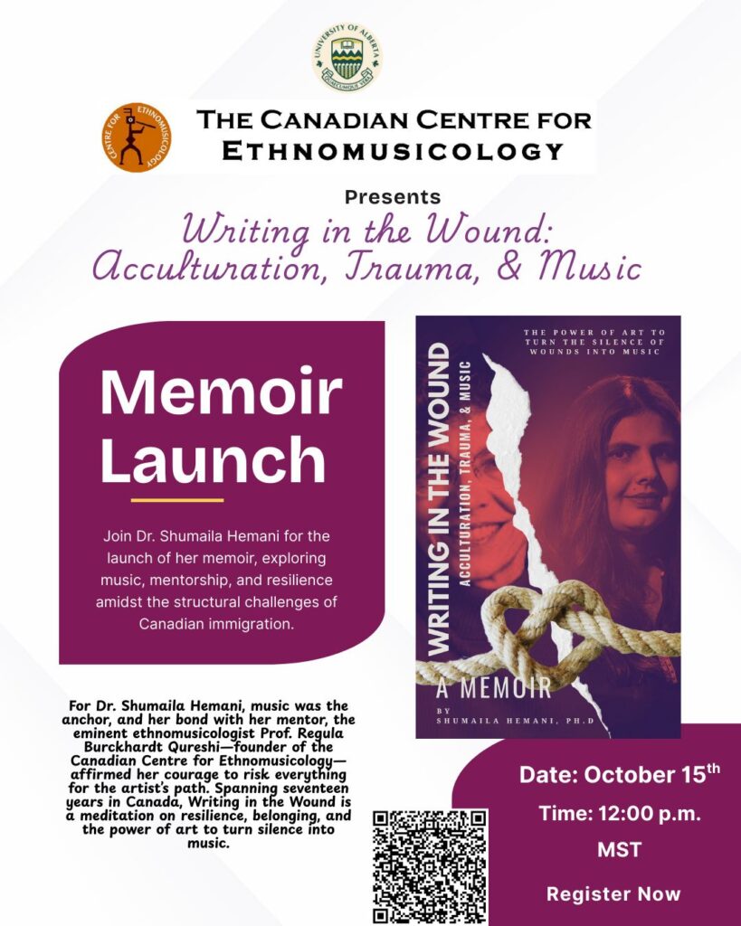 Poster from The Canadian Centre for Ethnomusicology for: Writing in the Wound: Acculturation, Trauma & Music
