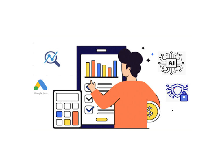 Graphic with a an illustration of a person clicking on a phone with info-graphics and symbols