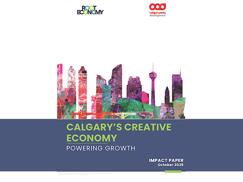 The cover of a report with text that says Calgary's Creative Economy — Powering Change. Impact Paper. October 2025. The background has an illustration of Calgary's downtown skyline.