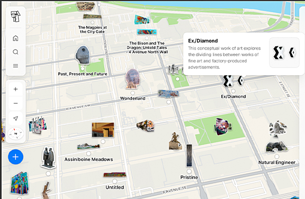 A detailed map highlights the Ex/Diamond artwork, with a small black-and-white icon of diamond shapes. A pop-up describes the work’s theme. Nearby artworks are also visible on the map.