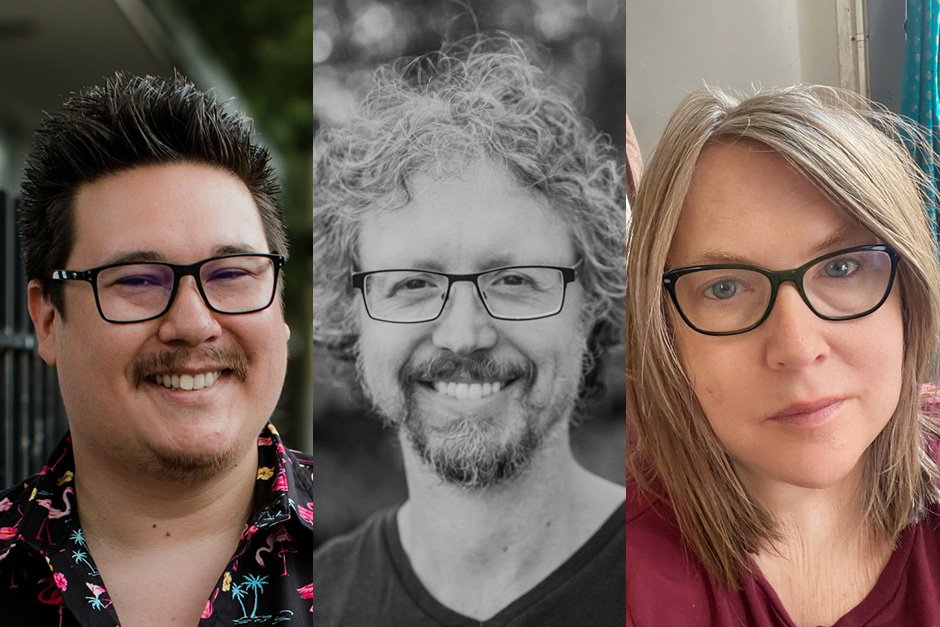 Headshots of guest artists Dr. Jordan Abel, Dr. Adam Dickinson, Dodie Bellamy