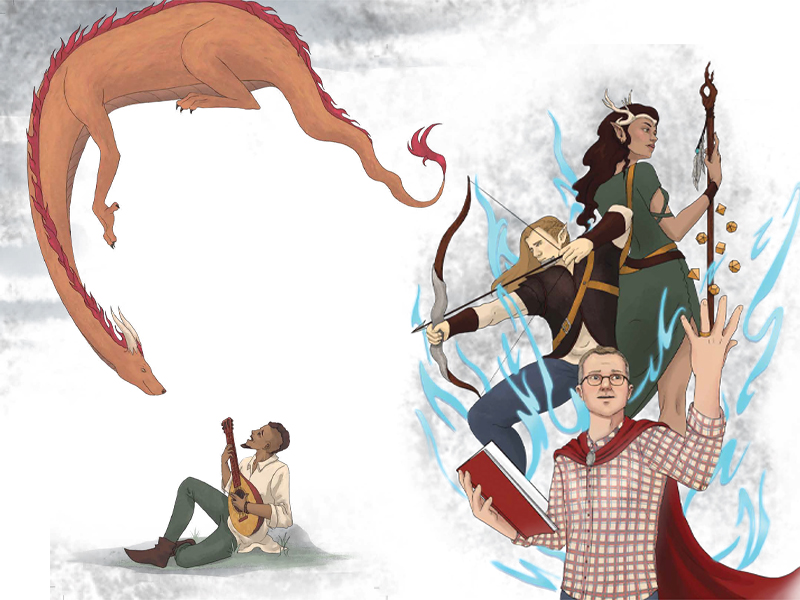 Dungeons & Dragons illustrations including warriors, spell casters, a dragon and storyteller
