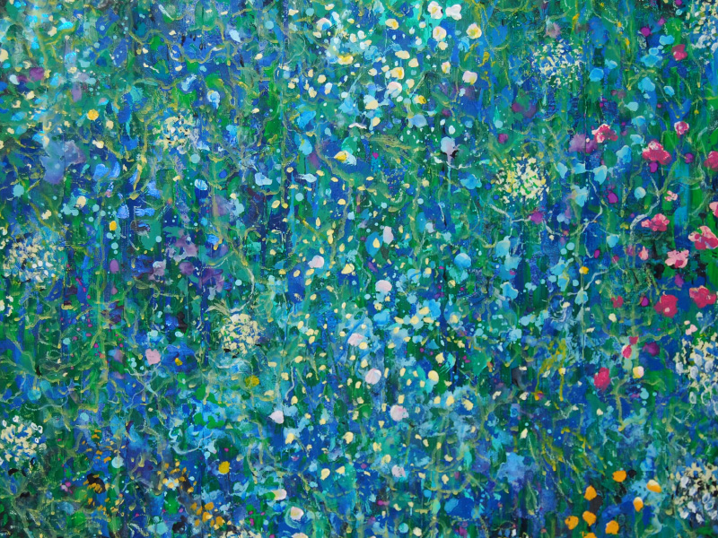 Abstract painting depicting colourful small flowers amongst a background of green, blue and purple