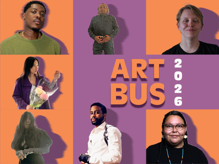A digital collage featuring eight portraits of the 2026 Art Bus artists. The background alternates between orange and Purple. The text 'ART BUS' is displayed in orange letters, with '2026 ' written in white alongside.