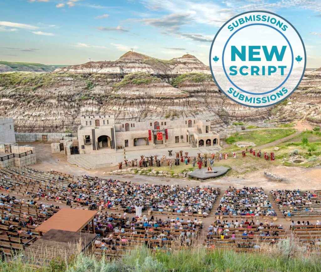 An overhead photo of the badlands passion play stage area and the graphic: Submissions, New Script