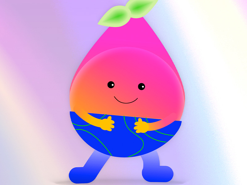 A teardrop-shaped figure with blue bottom and pink/orange top resembling a piece of fruit.