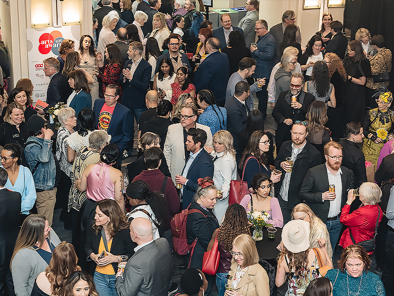 A crowd gathered for the Celebration of the arts, pictured from slightly above as people mingle