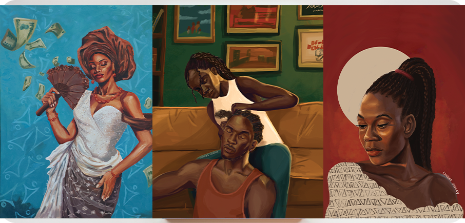 Collage of paintings, left to right a woman against a blue background with dollar bills floating around, she is holding a fan; A man sits on the floor in front of a woman sat on a couch who is braiding his hair; a woman in partial profile looking downwards against a crimson background.