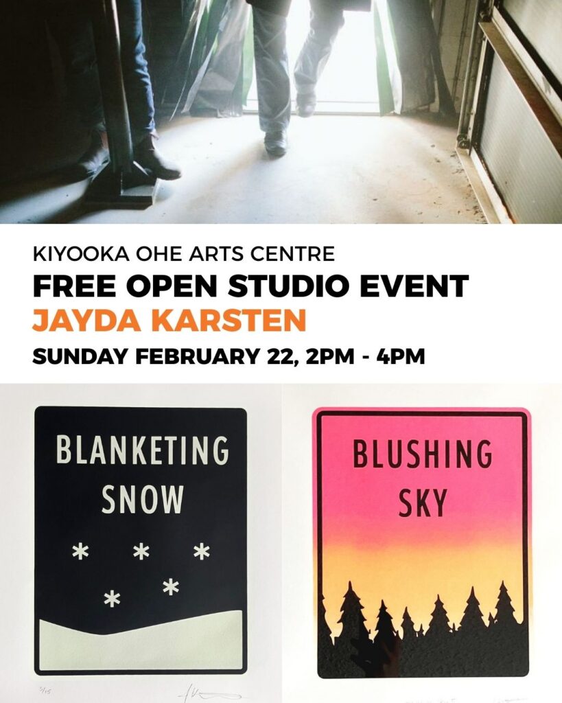 Graphic to promote the Kiyooka Ohe Arts Centre open studio event on February 22.