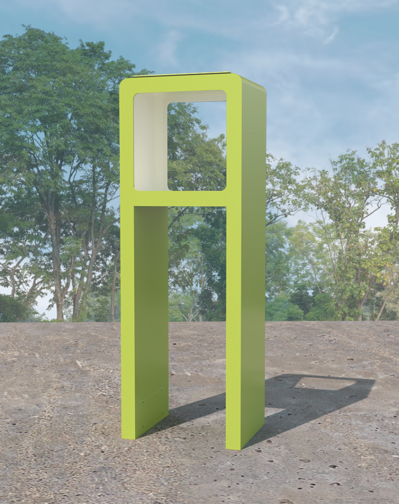An acid green box with rounded corners and a stand to elevate it of the same material. Made to host small artworks. 
