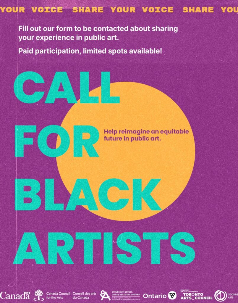 Call for Black Artists
Fill out our form to be contacted about sharing your experience in public art.
Paid participation, limited spots available! Help reimagine an equitable future in public art.