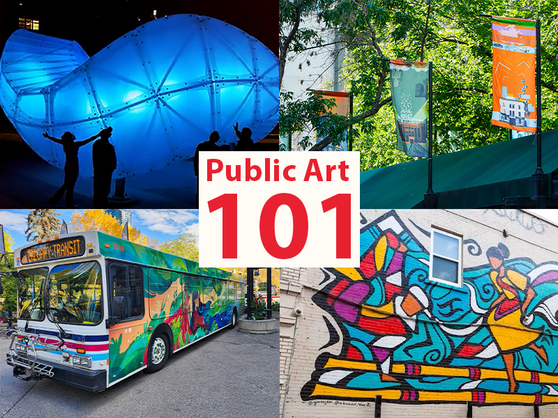 A collage of images of public art ranging from wall murals to art buses to banners and illuminated sculpture with text reading Public Art 101 in the centre.