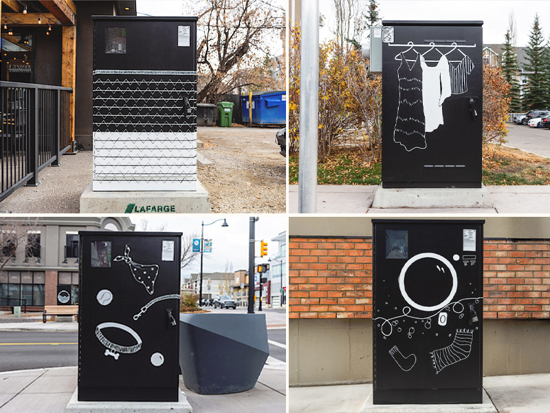 A collage of four utility boxes from the Marda Loop area for the Utility Box Program